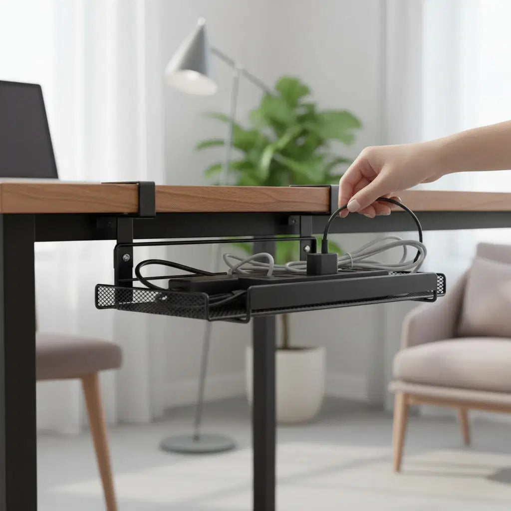 CordNest under-desk cable management tray for cords and power strips