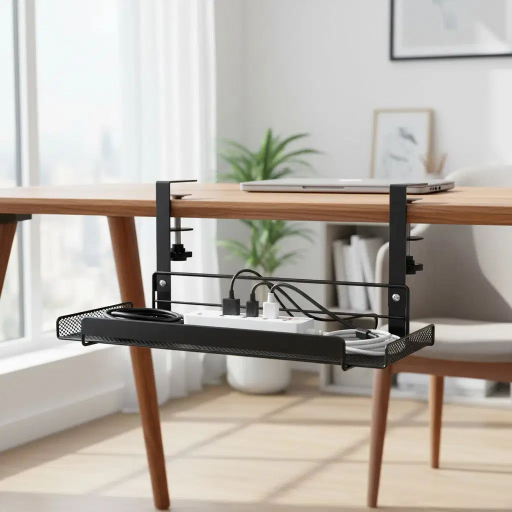 CordNest under-desk cable management tray for cords and power strips