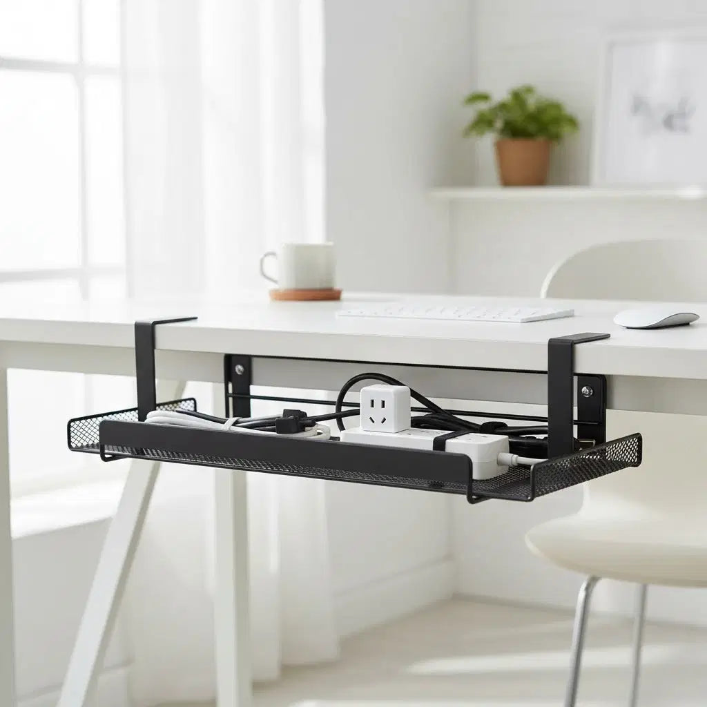 CordNest under-desk cable management tray for cords and power strips