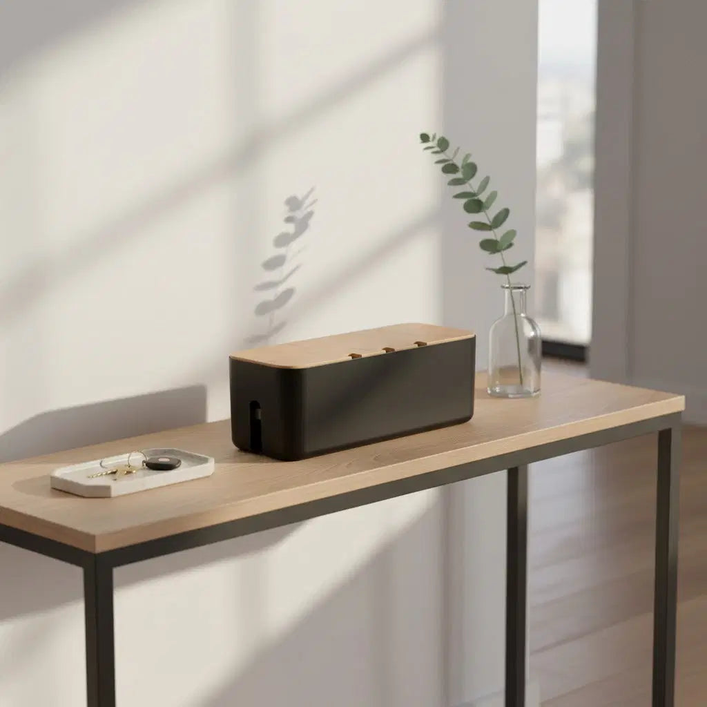 CordNest bamboo cable management box for hiding cords and power strips